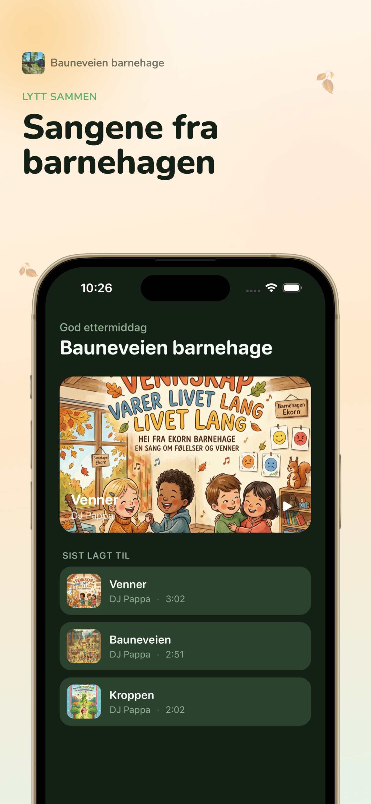Hjemskjerm med dagens sang og siste tillegg