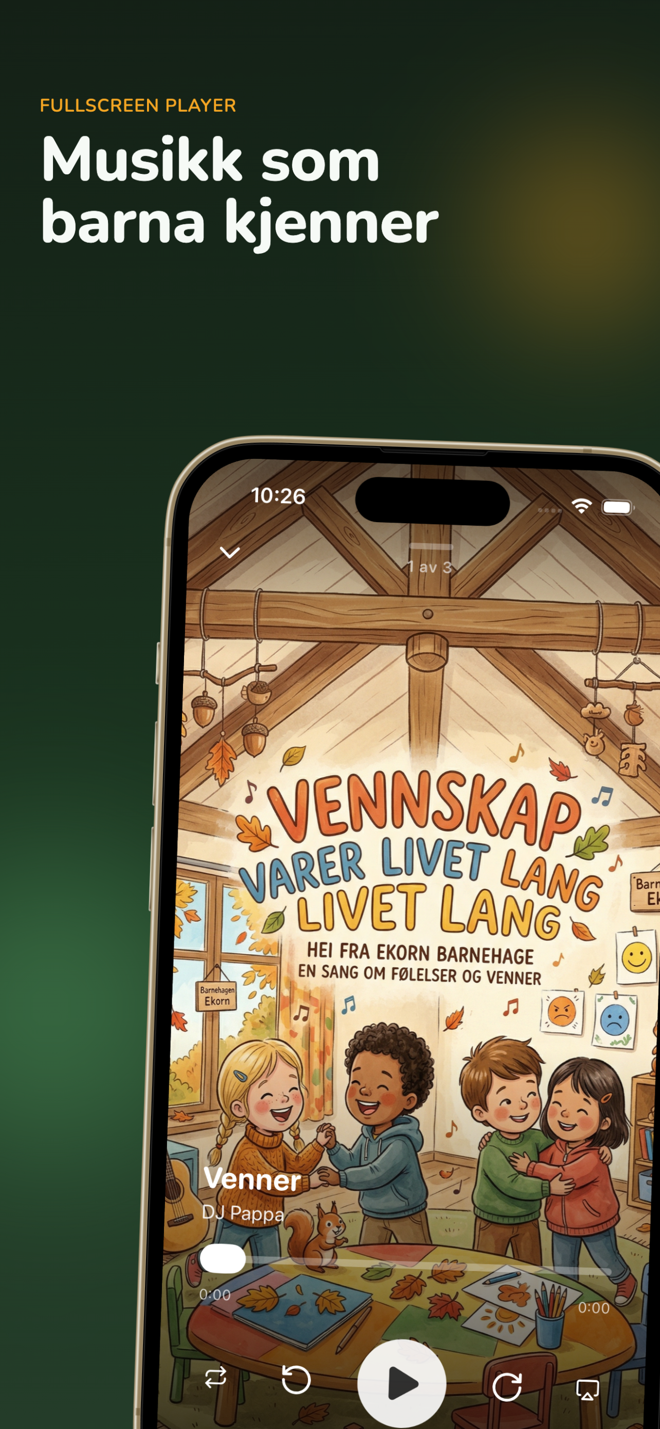 Fullscreen-spilleren i Bauneveien-appen med albumcover fra en av barnehagens sanger