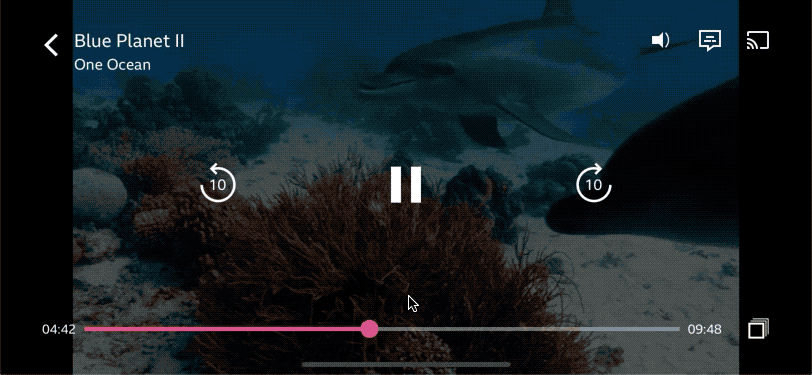 Animert GIF av BBC iPlayer-scrubbing-interaksjon med Blue Planet II som bakgrunn