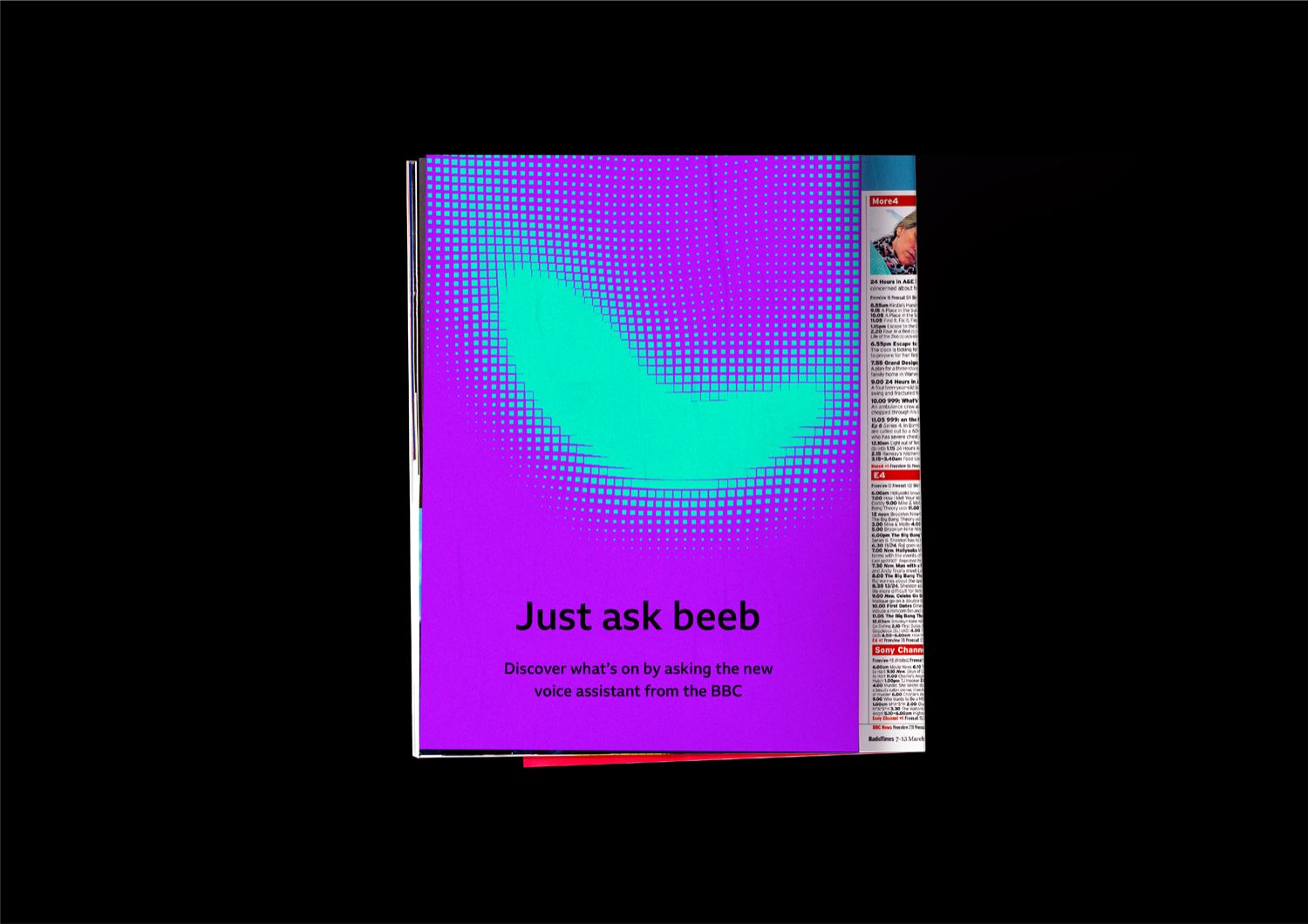 "Just ask Beeb" BBC-reklamemockup med halftone Beeb-visualisering
