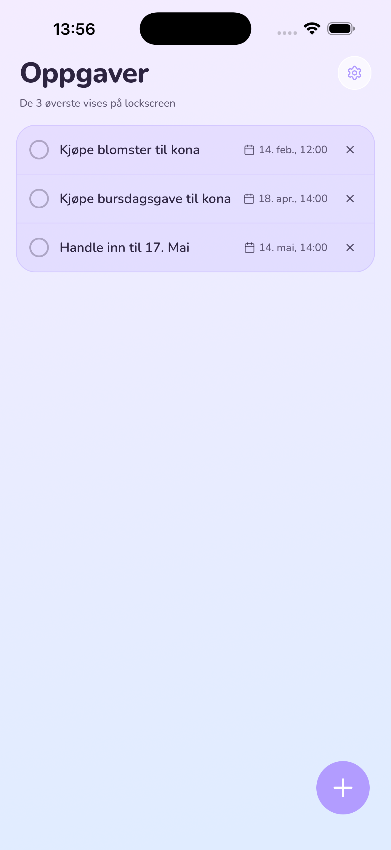 Hjemskjerm i Flink med dagens gjøremål