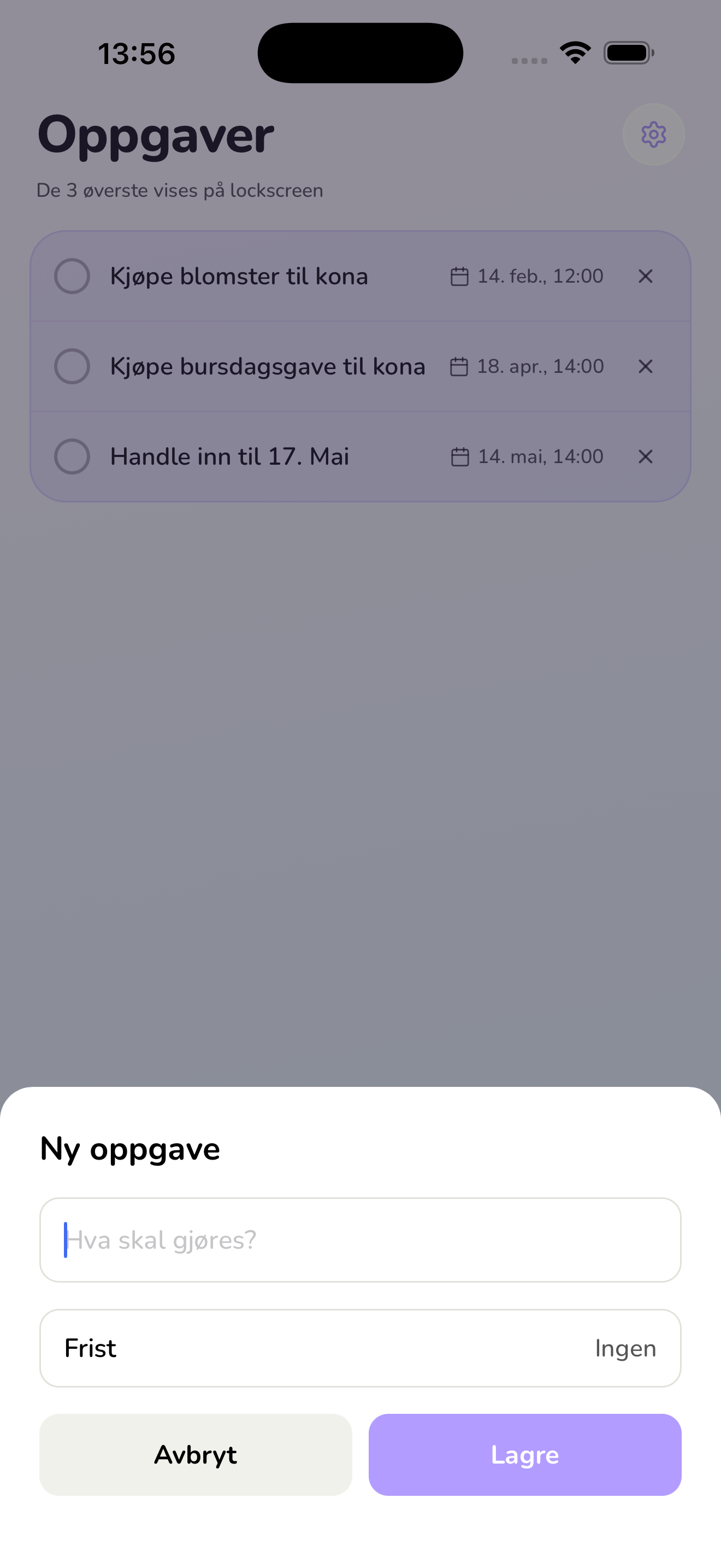 Detaljvisning av en oppgave med påminnelse