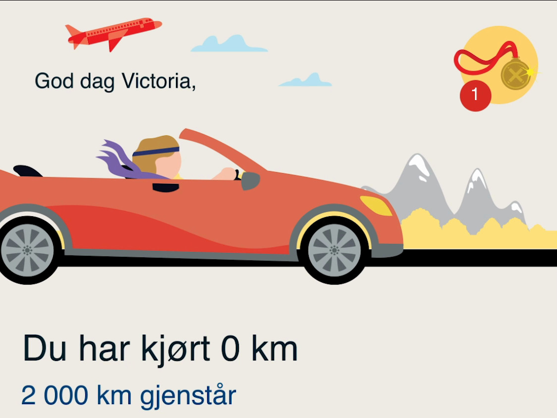 Hjemskjerm i Gjensidiges øvelseskjøring-app med rød kabriolet-illustrasjon og kilometerteller