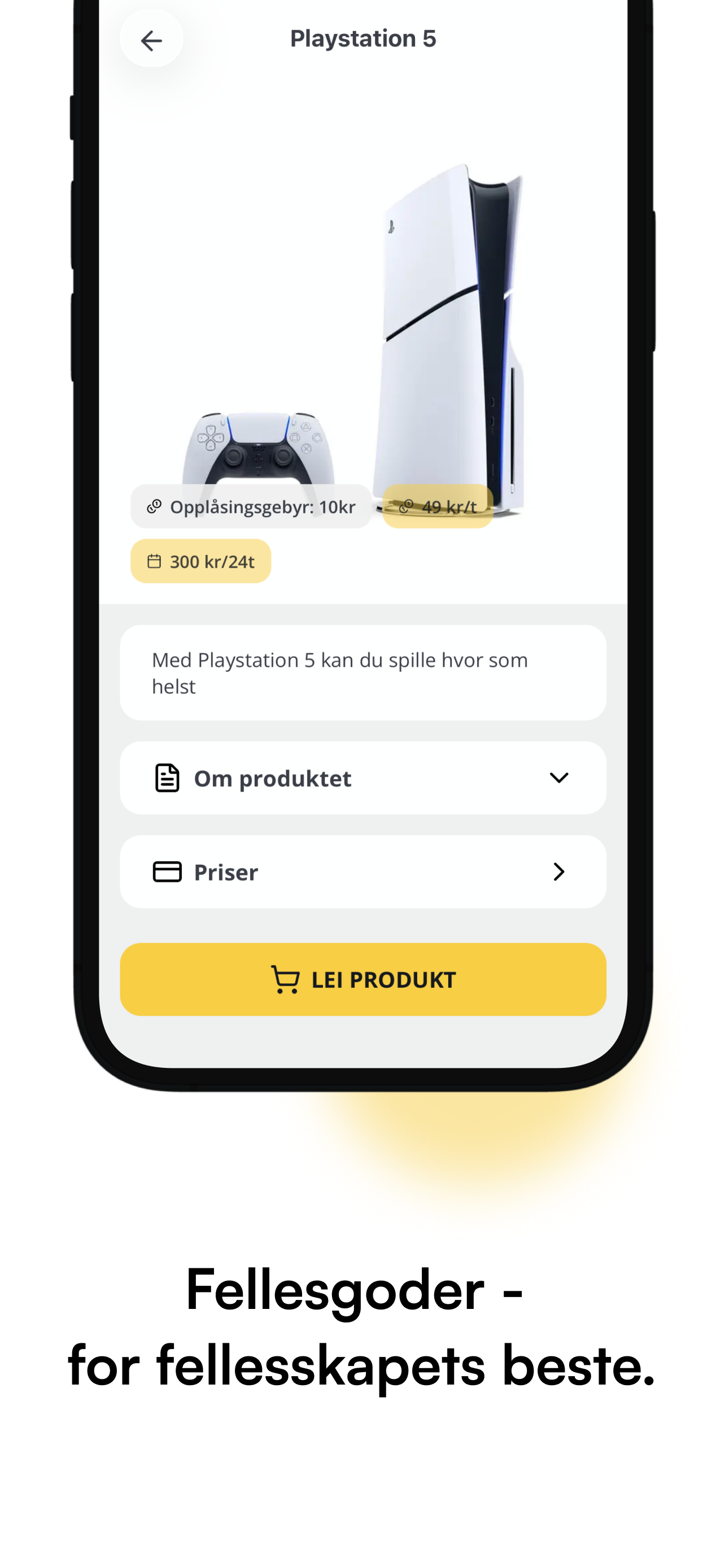 Produktdetaljer for Playstation 5 med priser og lei-knapp