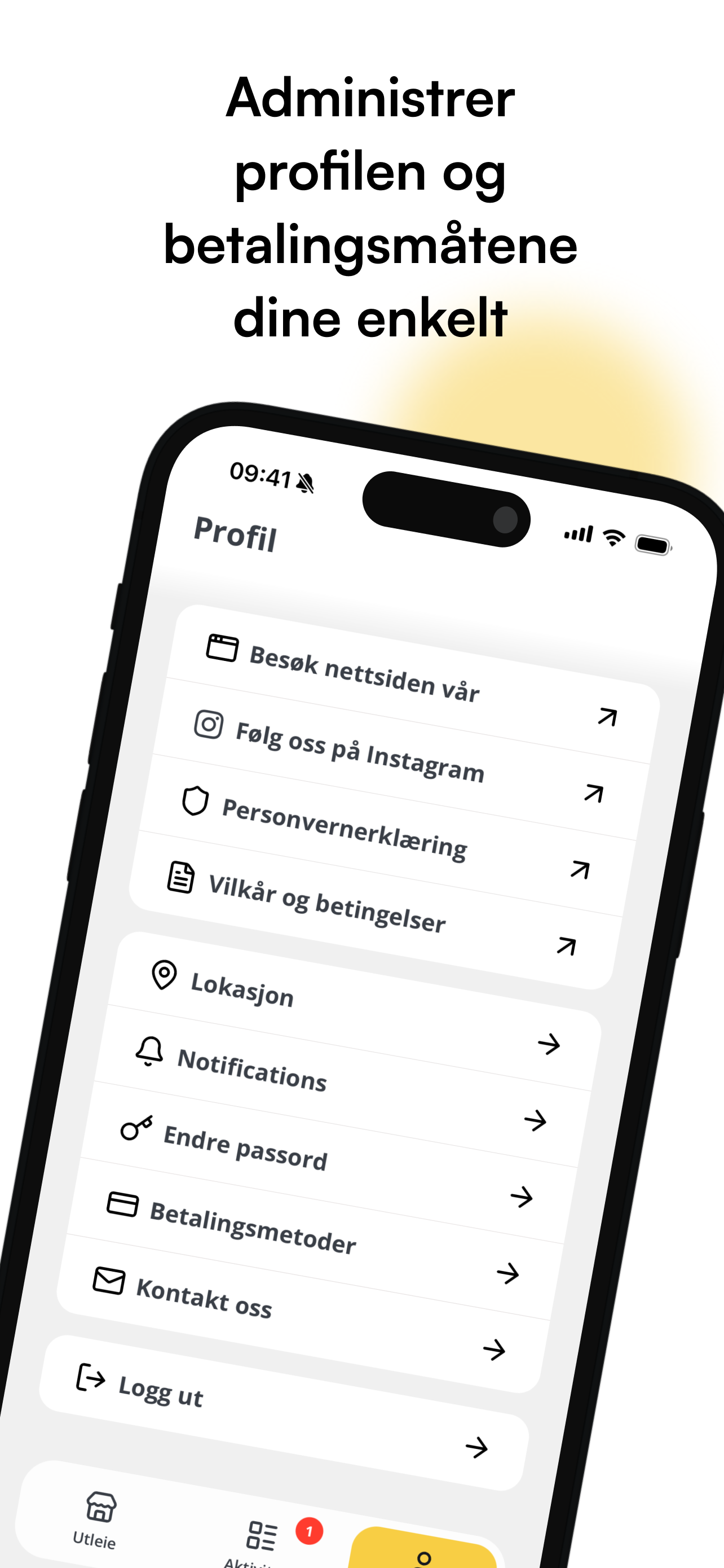 Profil med innstillinger, betalingsmetoder og lokasjon