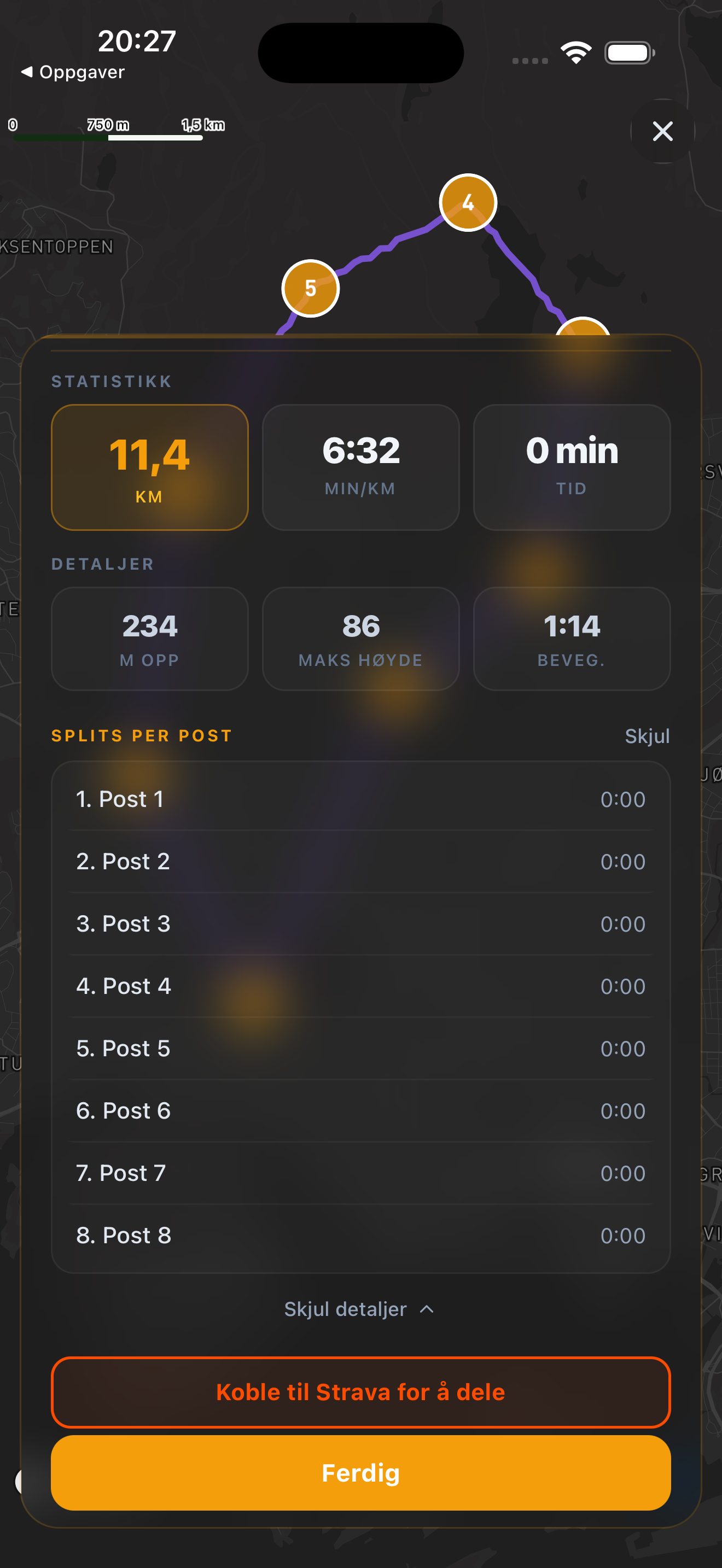 Profilskjerm med historikk og Strava-tilkobling
