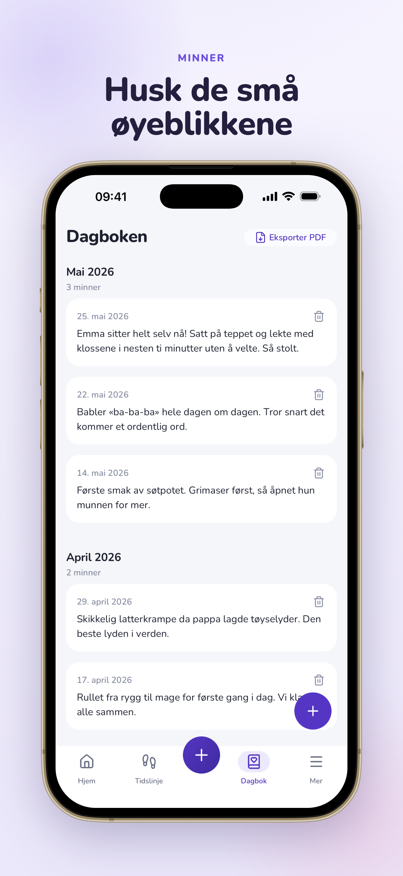 Dagbok med minner og PDF-eksport