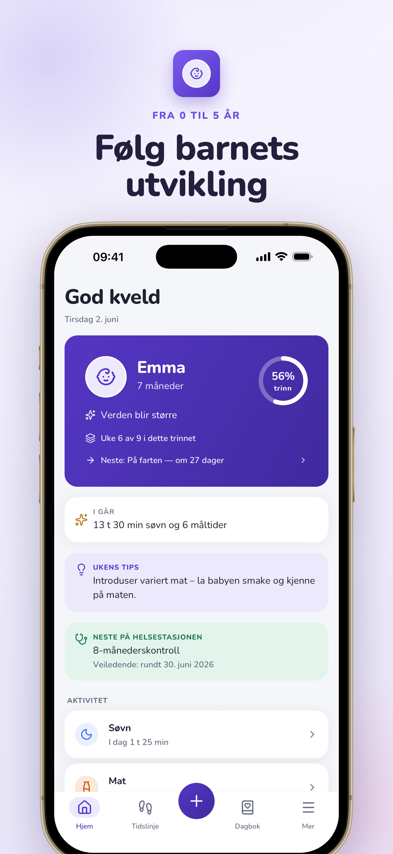 Hjemskjerm i Utviklingstrinn-appen med barnets profil og dagens tips